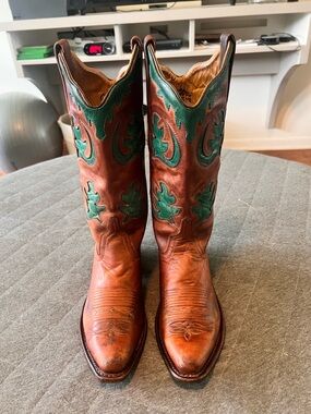 OLD WEST Sz 6.5 Western Brown Leather Green Inlay Costal Cowgirl Boots